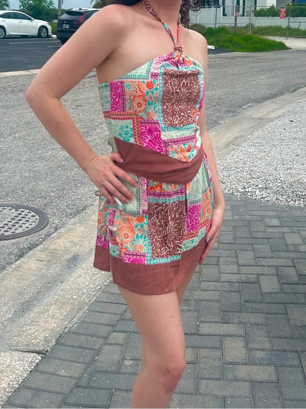 Patchwork Print Halter Crop Top and Shorts Set